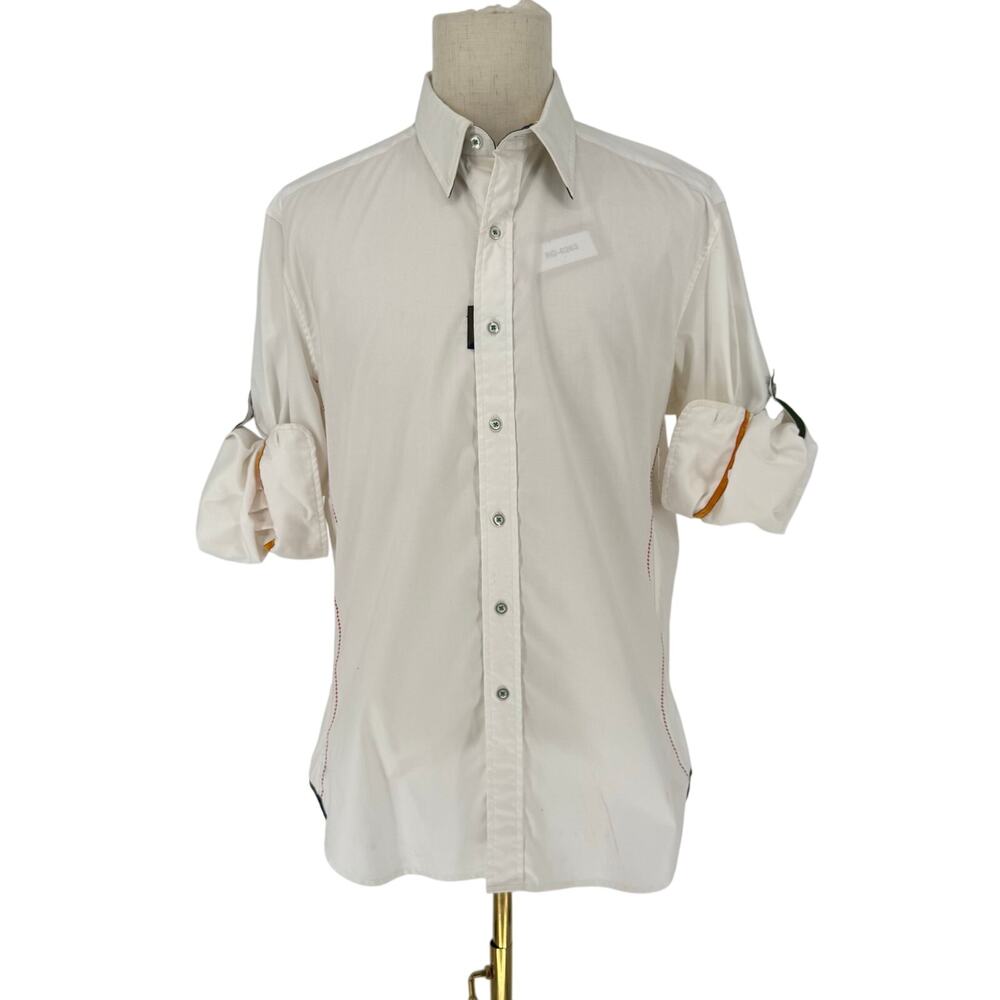 Robert Graham Button Front Long Sleeve Shirt Solid White Red Contrast L